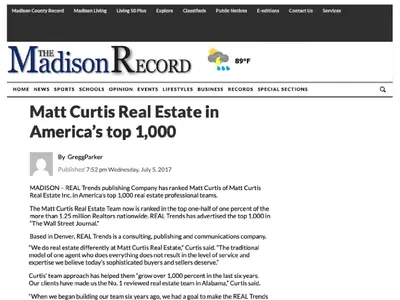 Matt Curtis of Matt Curtis Real Estate Inc. has been ranked among America’s top 1,000 real estate professional teams by REAL Trends, placing in the top 0.5% of over 1.25 million Realtors nationwide. This recognition, published in "The Wall Street Journal,
